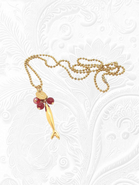 Collana Acciuga Acciaio Dorato Agate Rosso Rubino