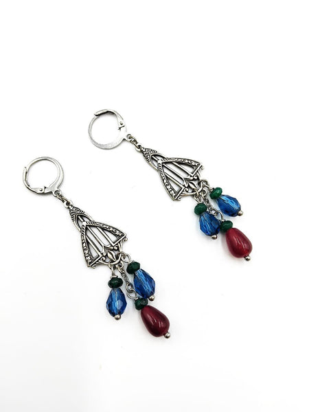 Orecchini Liberty con Agate Rubino e Verdi e Cristalli Blu