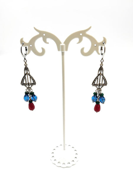 Orecchini Liberty con Agate Rubino e Verdi e Cristalli Blu