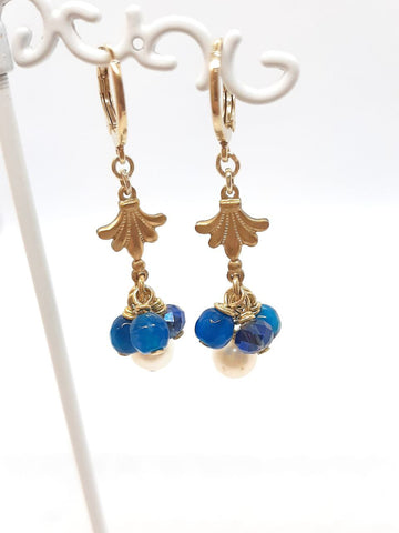 Orecchini Liberty con Agate Fiordaliso, Perle e Cristalli Azzurri