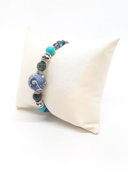 Bracciale rigido con Sfera Blu di Genova, Agate Turchesi, Apatiti Azzurre, Cristalli e Strass