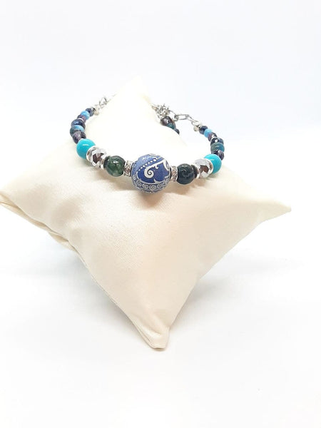 Bracciale rigido con Sfera Blu di Genova, Agate Turchesi, Apatiti Azzurre, Cristalli e Strass