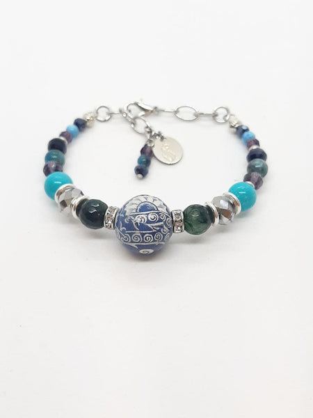 Bracciale rigido con Sfera Blu di Genova, Agate Turchesi, Apatiti Azzurre, Cristalli e Strass