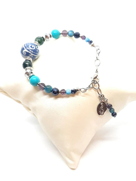 Bracciale rigido con Sfera Blu di Genova, Agate Turchesi, Apatiti Azzurre, Cristalli e Strass