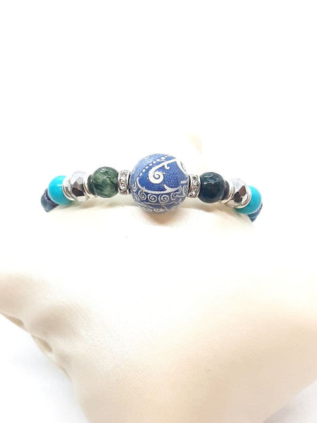 Bracciale rigido con Sfera Blu di Genova, Agate Turchesi, Apatiti Azzurre, Cristalli e Strass