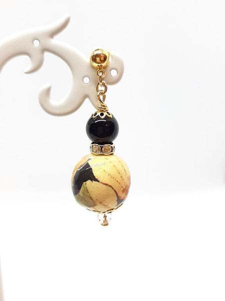 Orecchini Sfera Floreale Nera, Onici Neri, Aurore Boreali e Strass