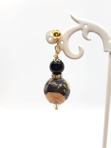 Orecchini Sfera Floreale Nera, Onici Neri, Aurore Boreali e Strass