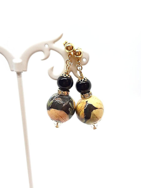 Orecchini Sfera Floreale Nera, Onici Neri, Aurore Boreali e Strass