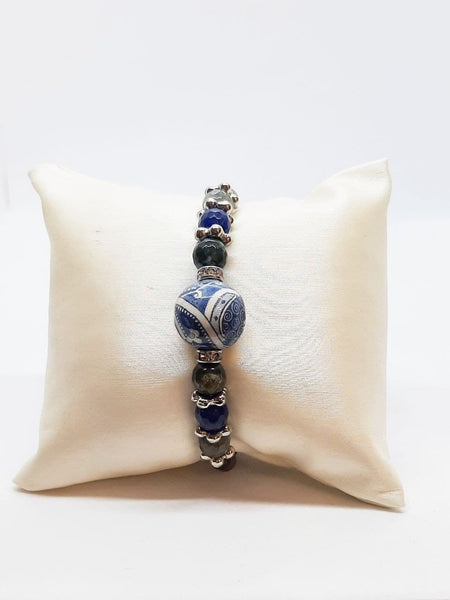 Bracciale rigido con Sfera Blu di Genova, Agate Blu Notte, Agate Grigie, Cristalli