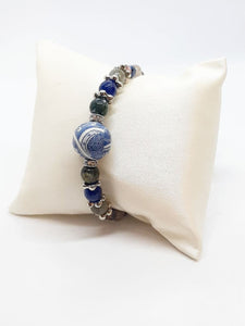 Bracciale rigido con Sfera Blu di Genova, Agate Blu Notte, Agate Grigie, Cristalli