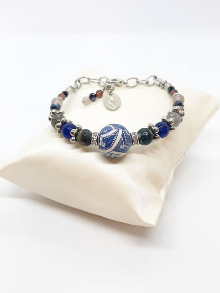 Bracciale rigido con Sfera Blu di Genova, Agate Blu Notte, Agate Grigie, Cristalli