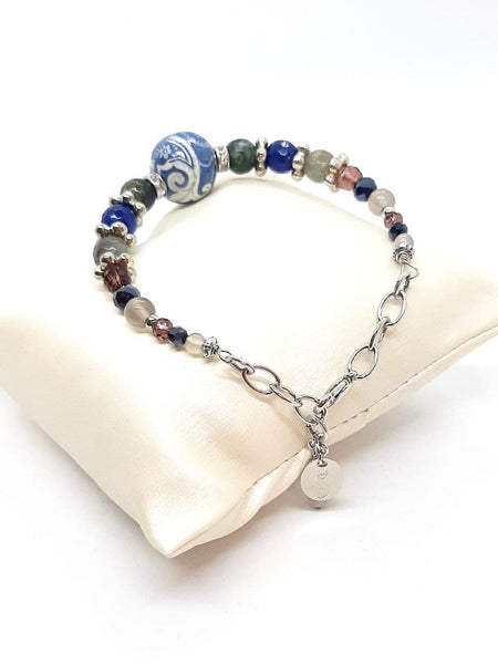 Bracciale rigido con Sfera Blu di Genova, Agate Blu Notte, Agate Grigie, Cristalli