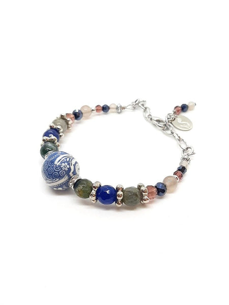 Bracciale rigido con Sfera Blu di Genova, Agate Blu Notte, Agate Grigie, Cristalli