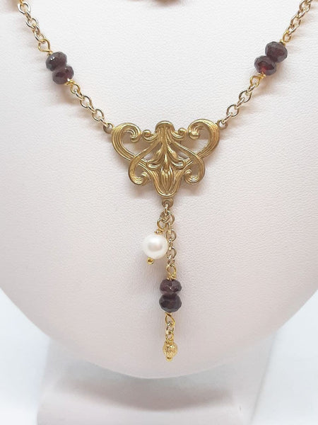 Collana Liberty Doppia Granati Bordeaux e Perle Naturali