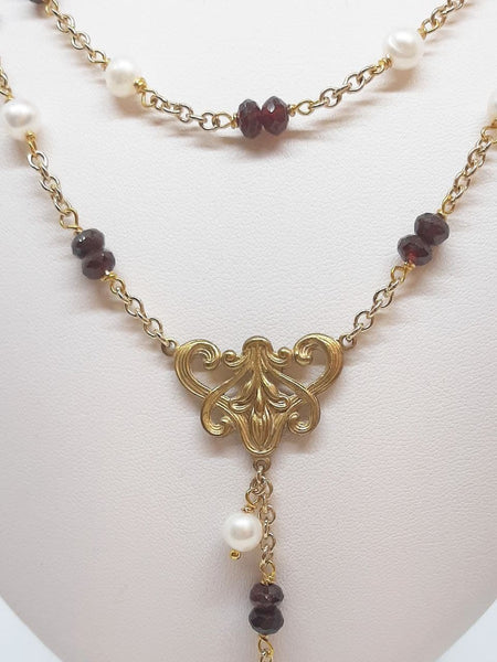 Collana Liberty Doppia Granati Bordeaux e Perle Naturali