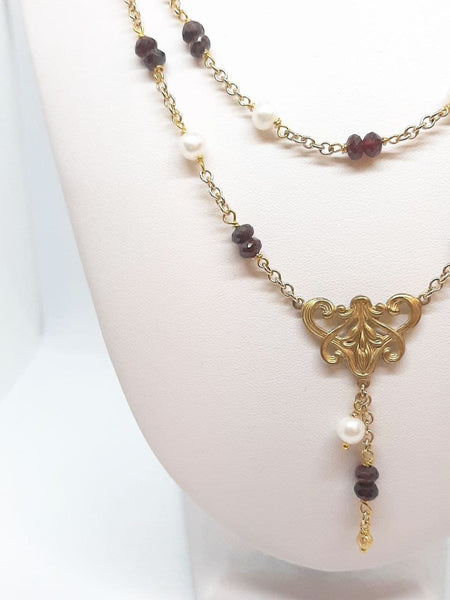Collana Liberty Doppia Granati Bordeaux e Perle Naturali