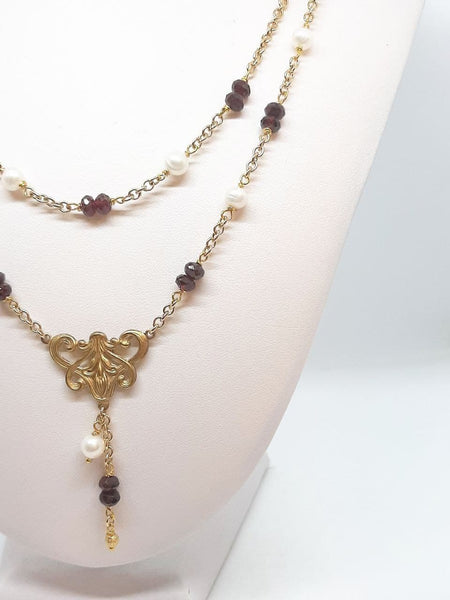 Collana Liberty Doppia Granati Bordeaux e Perle Naturali