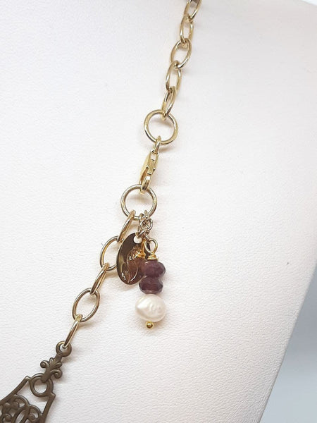 Collana Liberty Doppia Granati Bordeaux e Perle Naturali