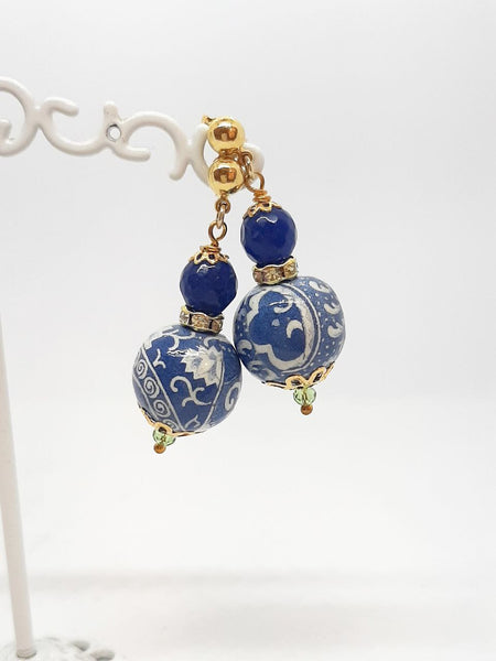 Orecchini Sfera Blu di Genova, Agata Blu Notte e Strass