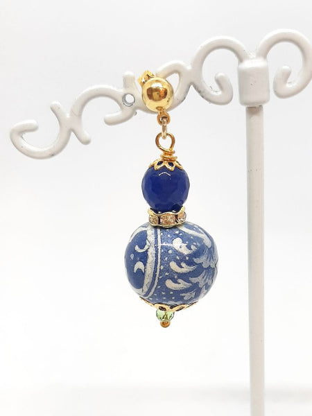 Orecchini Sfera Blu di Genova, Agata Blu Notte e Strass