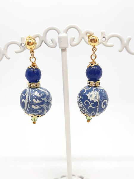 Orecchini Sfera Blu di Genova, Agata Blu Notte e Strass